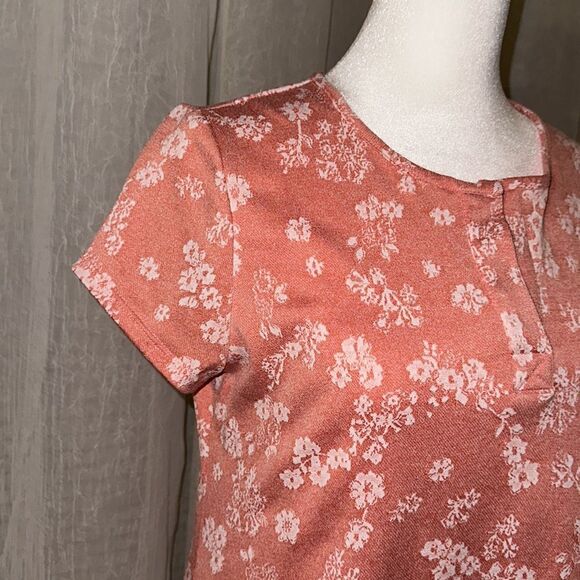 V by Violet Weekend S Coral Pink White Textured Floral Short Sleeve Swing Dress - Picture 6 of 15